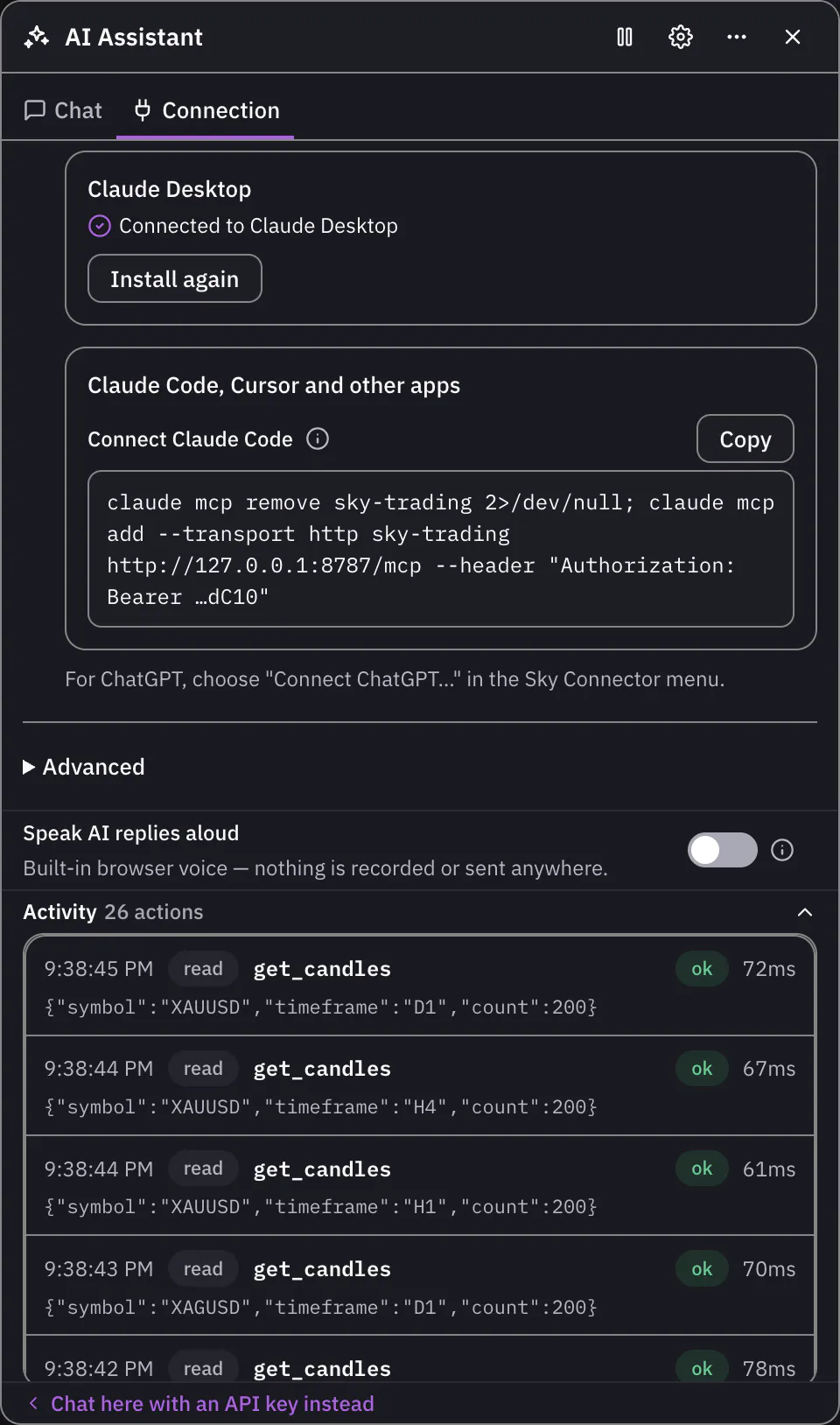 The AI connection panel with its activity feed of recent AI actions