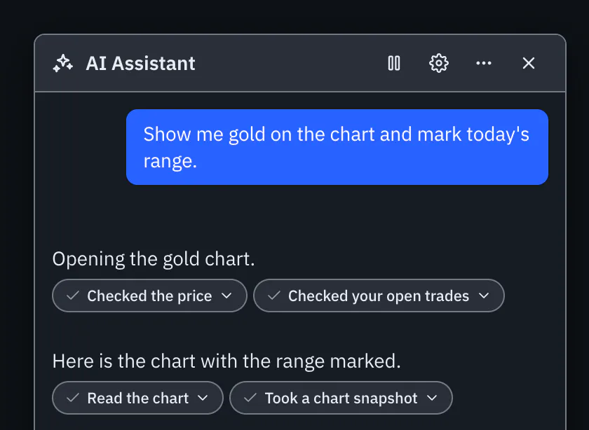 The AI Assistant chat window in a conversation that reads quotes, positions and the chart