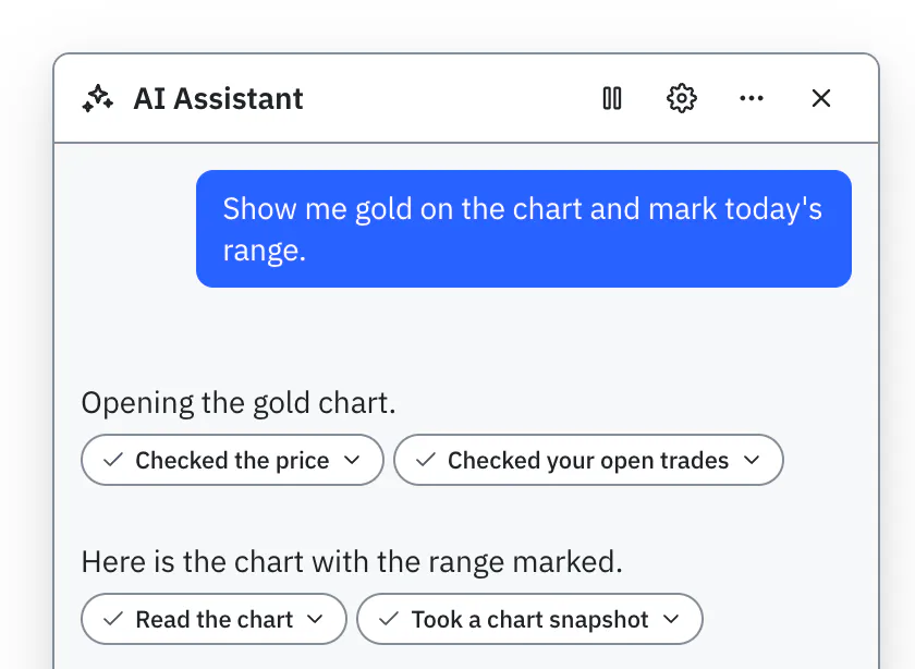 The AI Assistant chat window in a conversation that reads quotes, positions and the chart