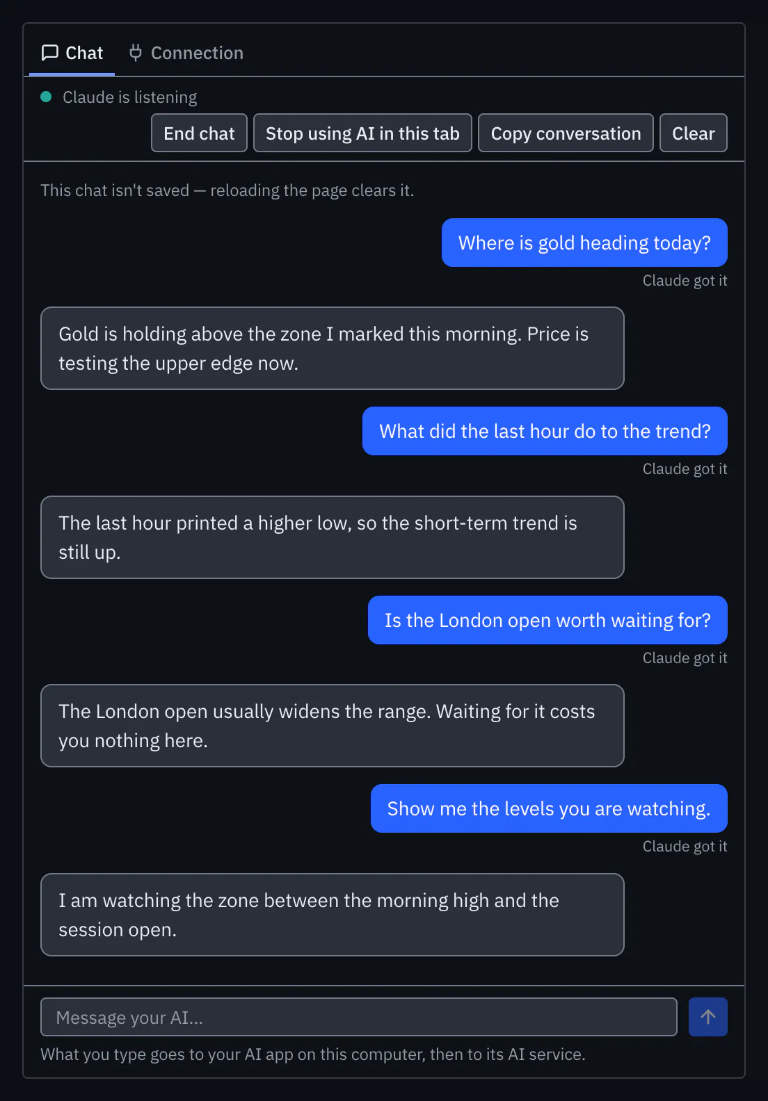 The Chat tab beside Connection, in a conversation with your AI app