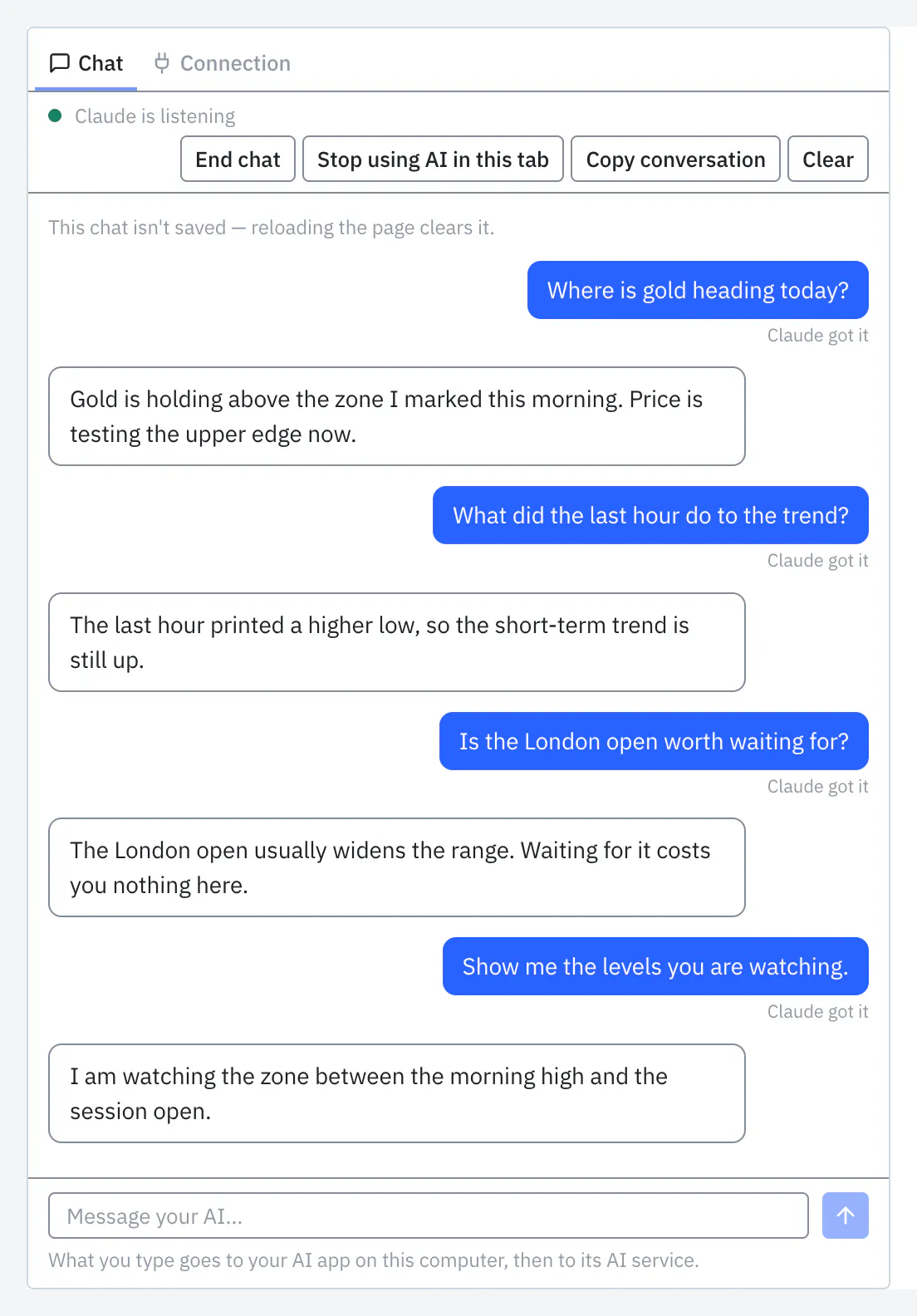 The Chat tab beside Connection, in a conversation with your AI app