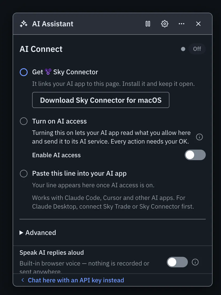 The screen for connecting your own AI app to Sky Trade