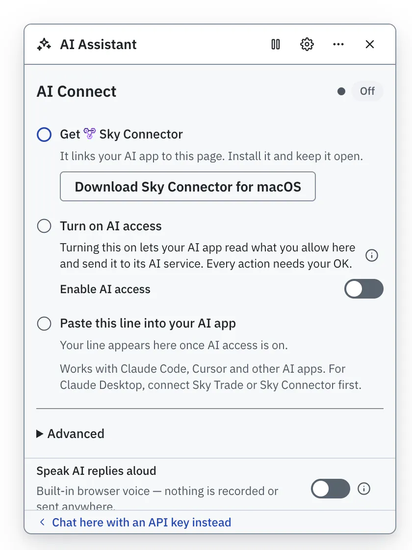 The screen for connecting your own AI app to Sky Trade