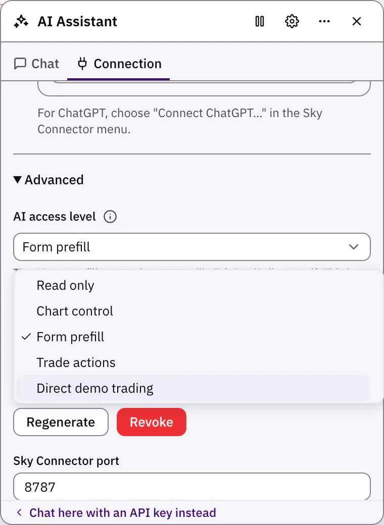 The choice to let the AI trade a demo account directly