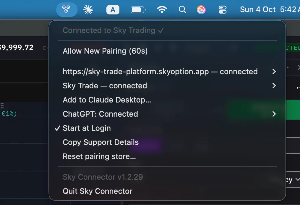 The Sky Connector menu in the Mac menu bar: connected to the web app and to Sky Trade, with Add to Claude Desktop…, ChatGPT: Connected and Start at Login