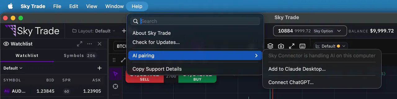 Sky Trade Desktop’s Help menu on a Mac with AI pairing open: the line Sky Connector is handling AI on this computer, Add to Claude Desktop… and Connect ChatGPT…