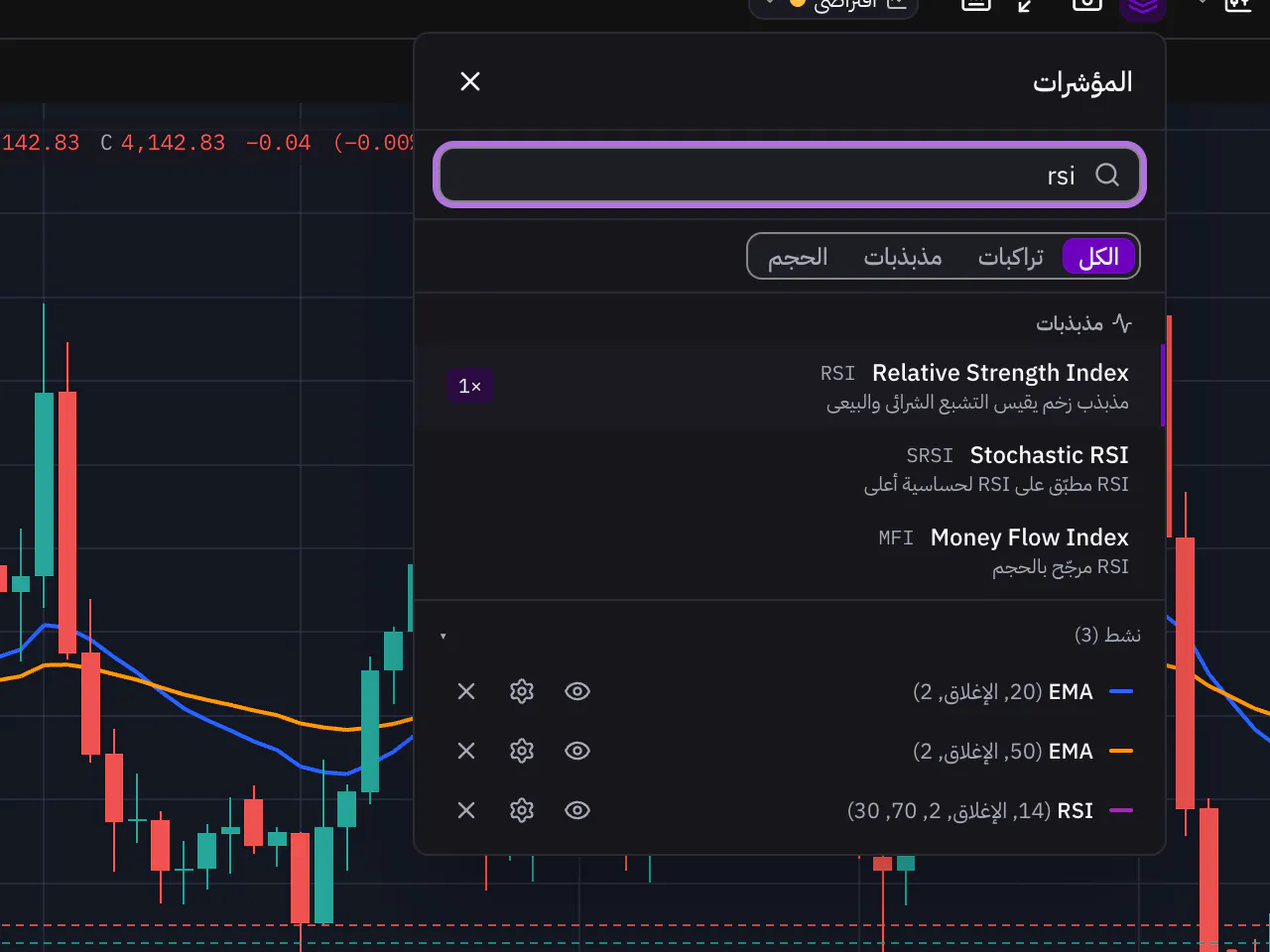 نافذة اختيار المؤشرات مع بحث مكتوب والمؤشرات المطابقة له