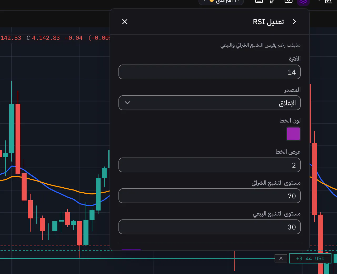 نافذة إعدادات مؤشر RSI