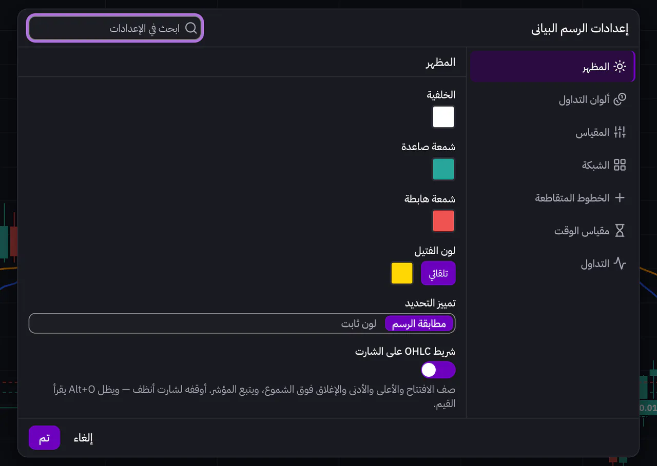 نافذة إعدادات الرسم البياني