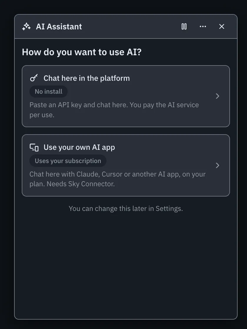 The floating AI Assistant asking how you want to use AI: chat here in the platform, or use your own AI app