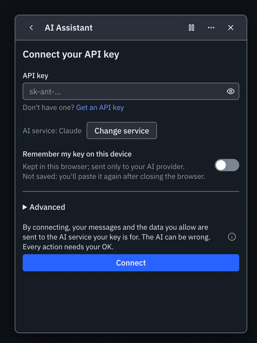 The Connect your API key screen with its key field, the Remember my key switch and the Connect button