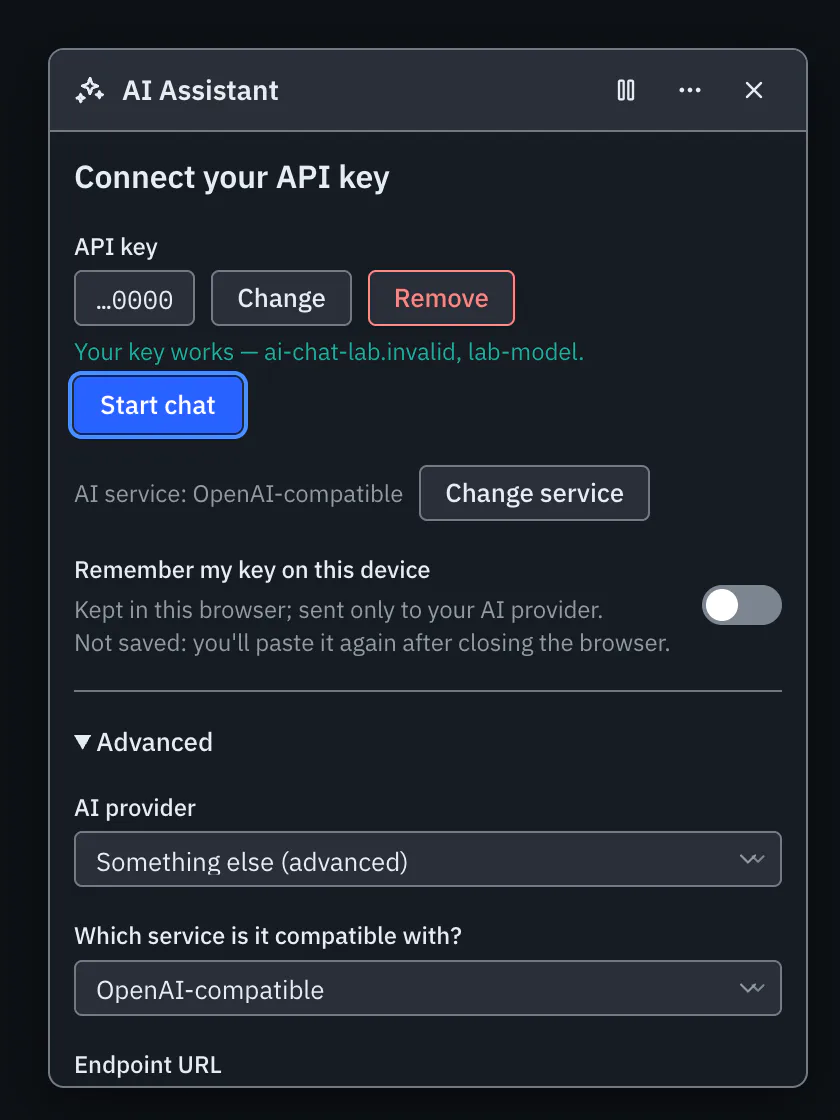 The key check saying the key works and naming the model, with the Start chat button