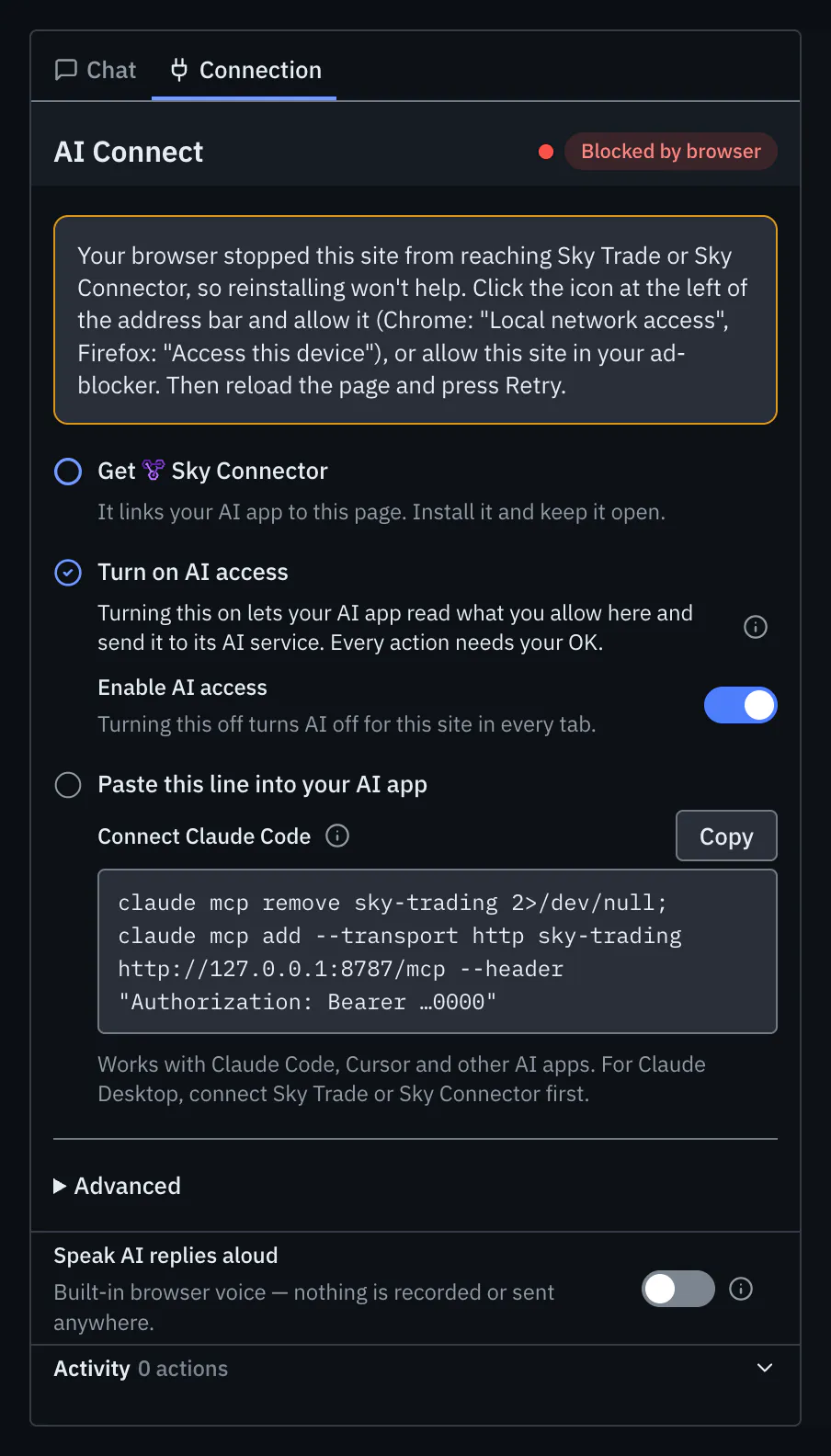 The Connection tab showing Blocked by browser, with how to allow the site