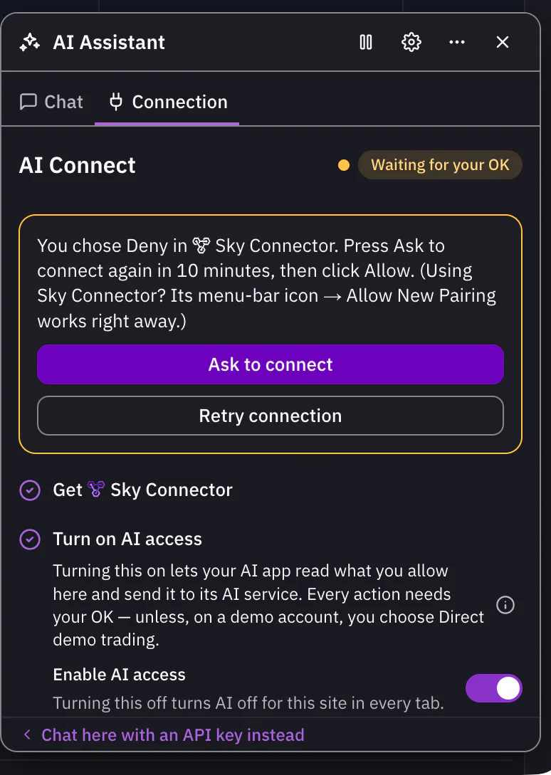 The Connection tab after a Deny in Sky Connector: Waiting for your OK, the line You chose Deny in Sky Connector, and the Ask to connect and Retry connection buttons