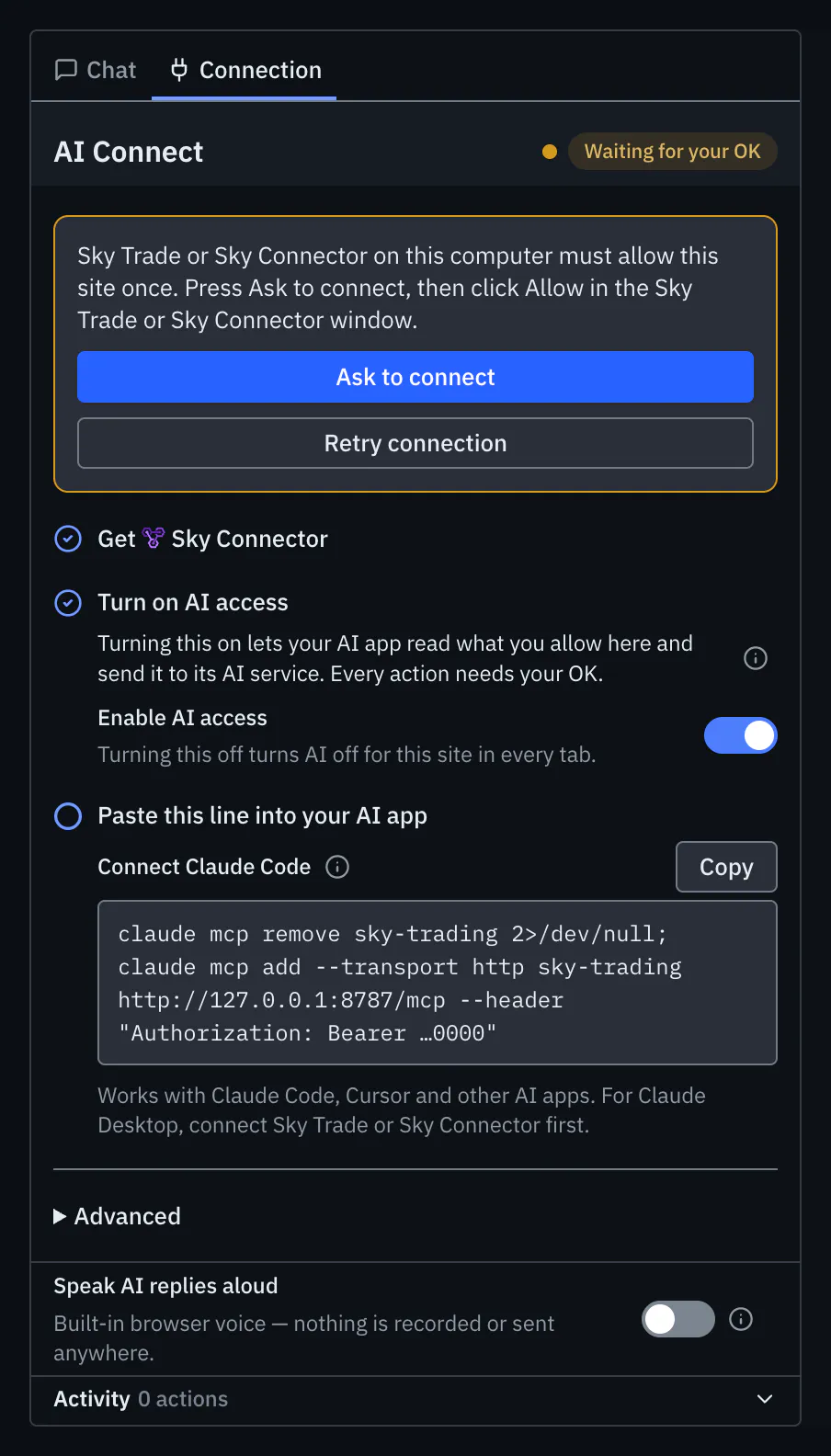 The Connection tab showing Waiting for your OK, with the Ask to connect button