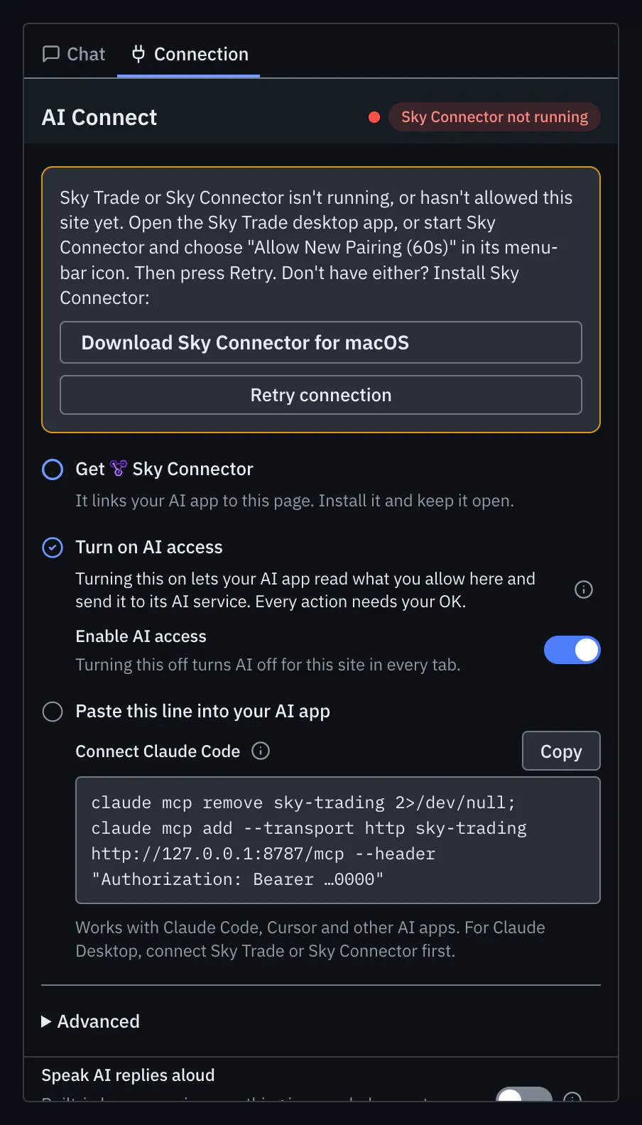 The Connection tab showing Sky Connector not running, with what to do next