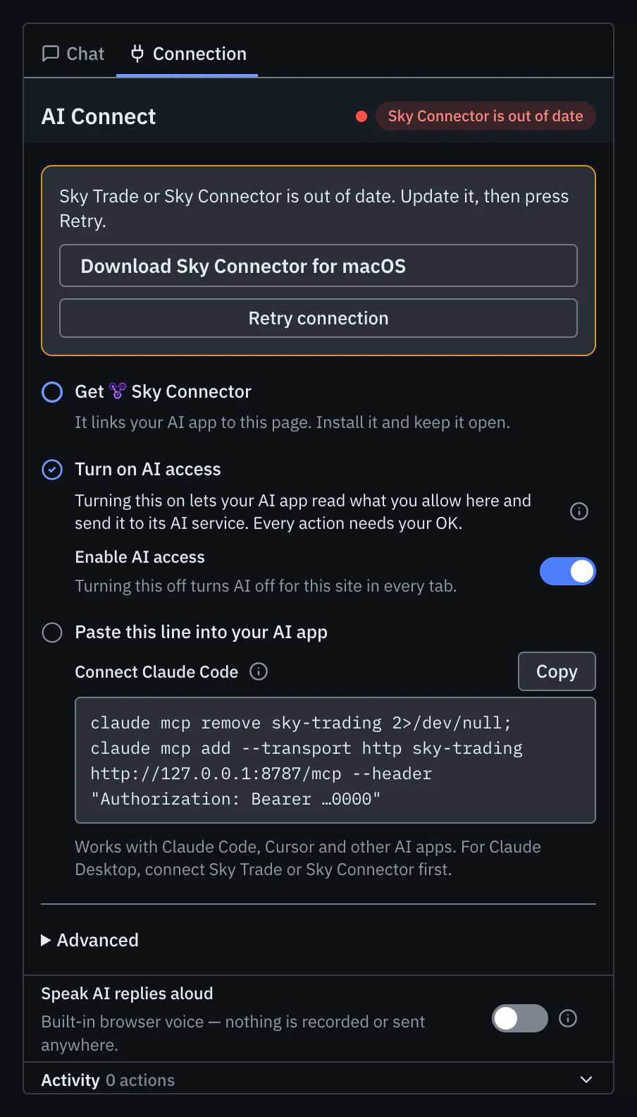 The Connection tab showing Sky Connector is out of date, with what to do next