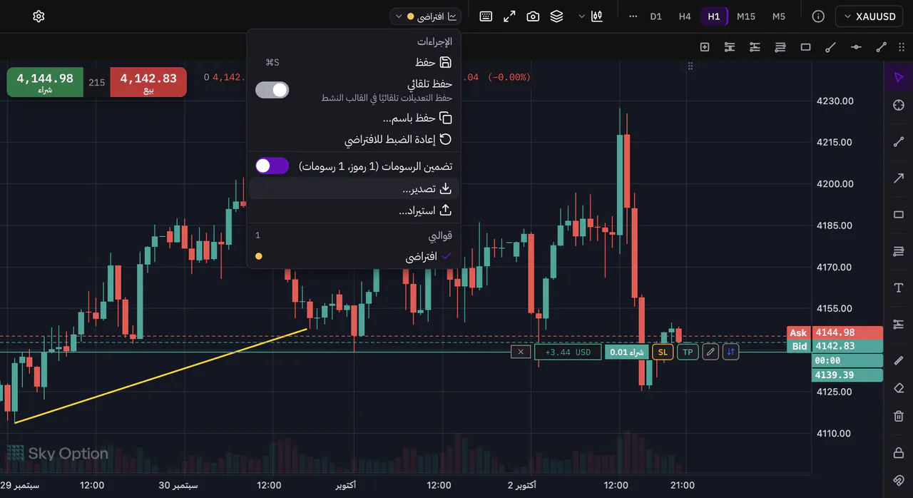 قائمة قالب الرسم البياني مع تفعيل تضمين الرسومات وتحديد أمر التصدير