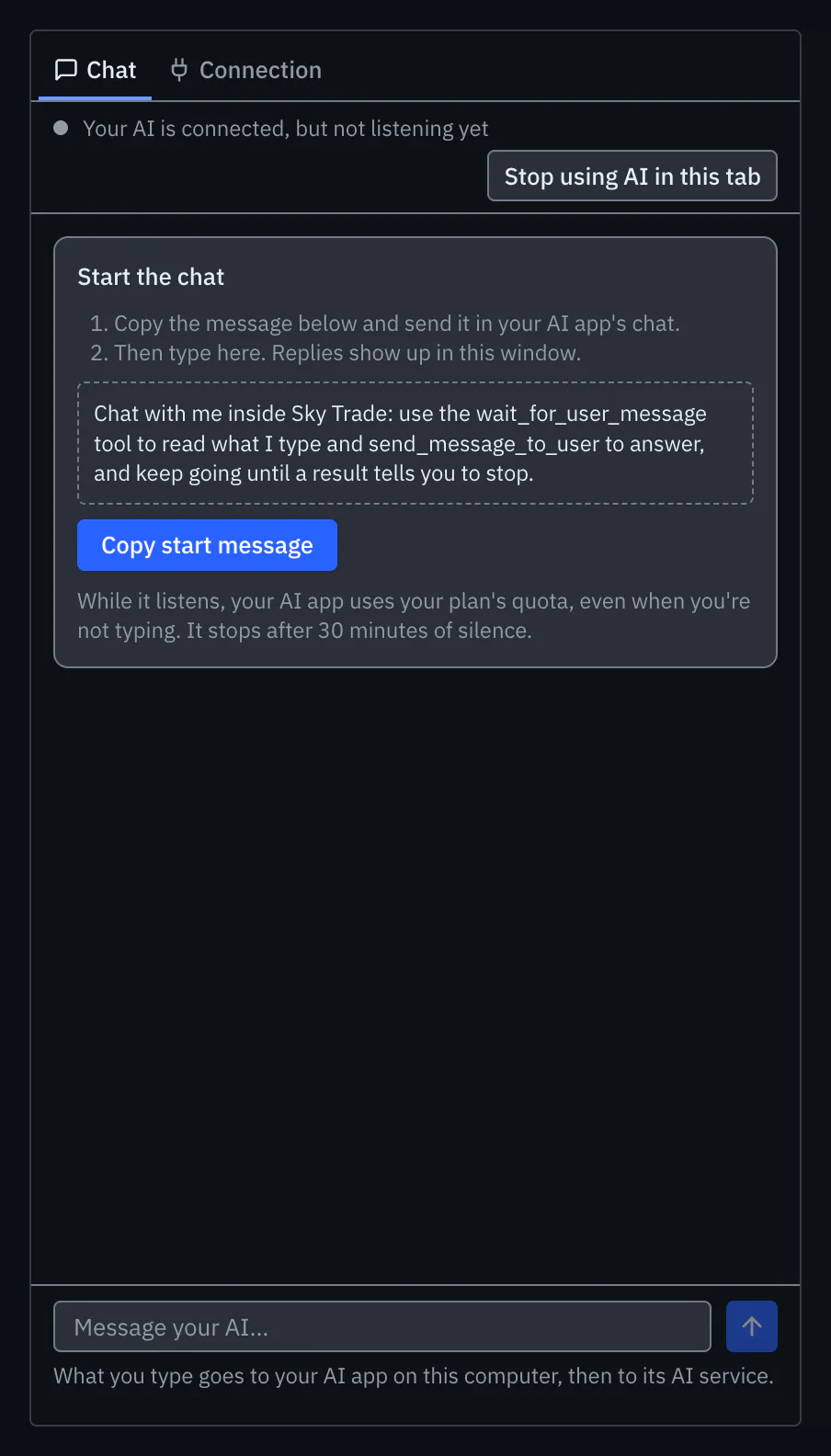 The Chat tab before the chat starts, with the steps to start it and the Copy start message button