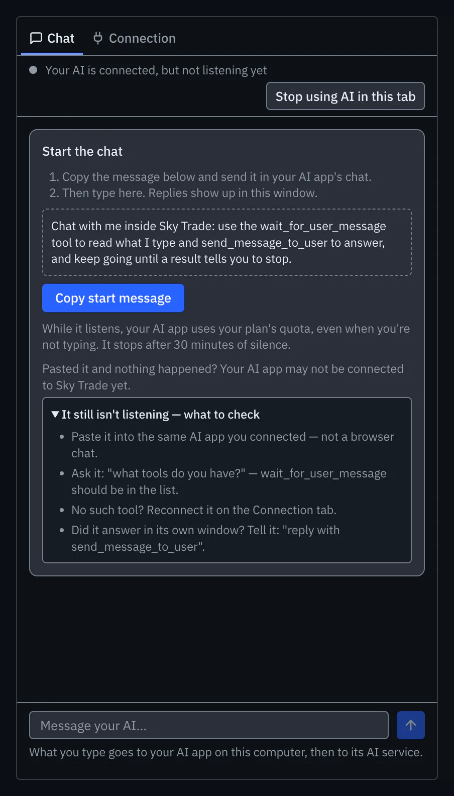 The Chat tab with It still isn’t listening — what to check open, showing what to check