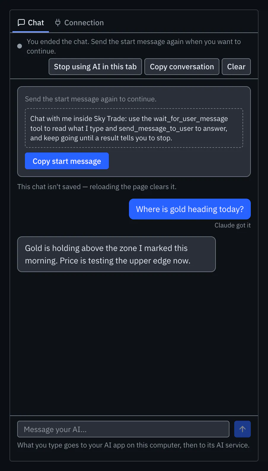 The Chat tab after End chat, keeping the conversation and offering the start message again