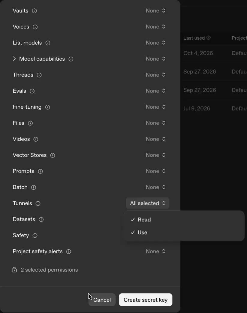 Creating an API key on the OpenAI Platform with the Tunnels permission set to Read and Use
