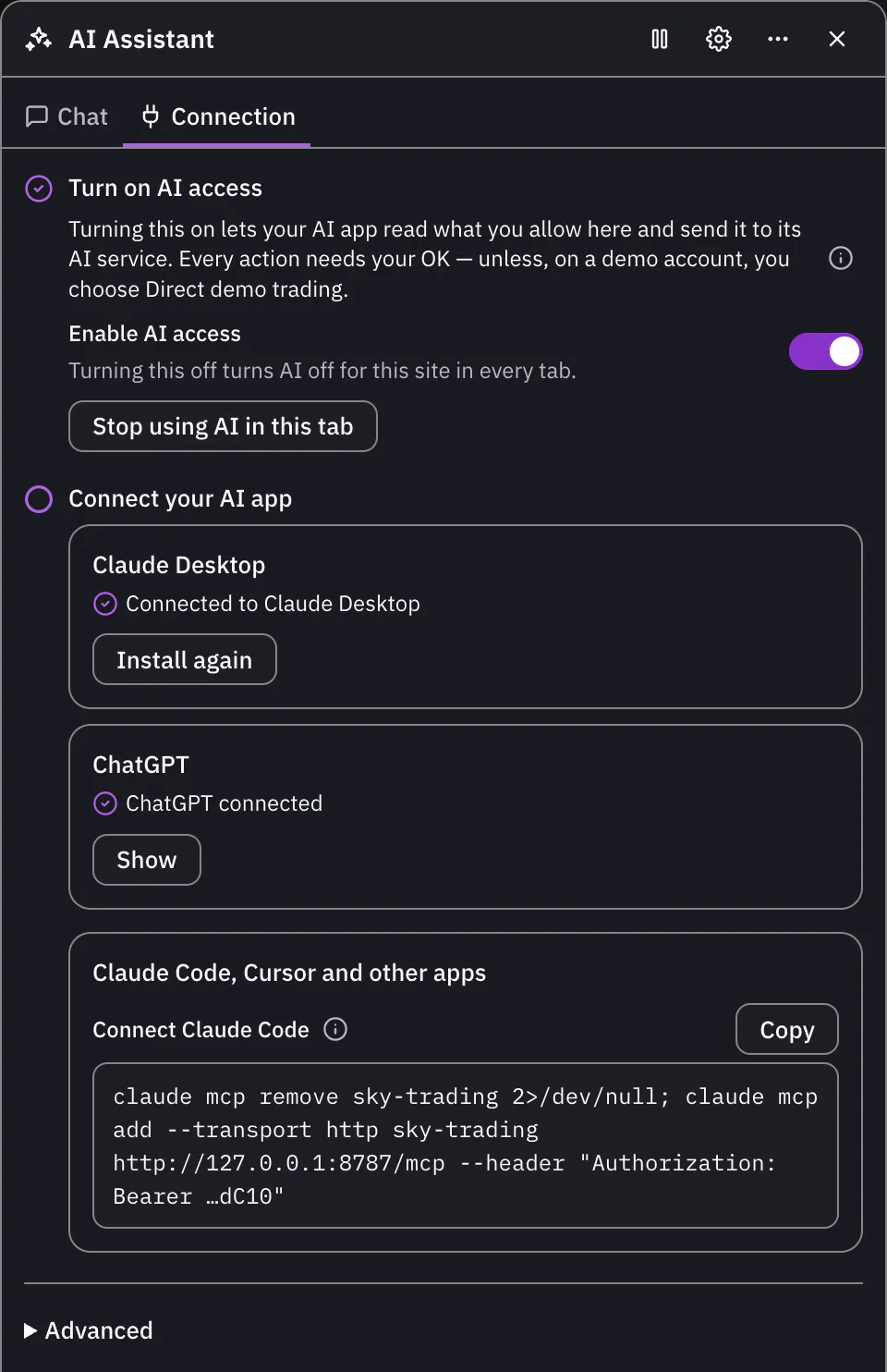 The Connection tab with the Connect Claude Code line and its Copy button, the access token shown only by its last characters