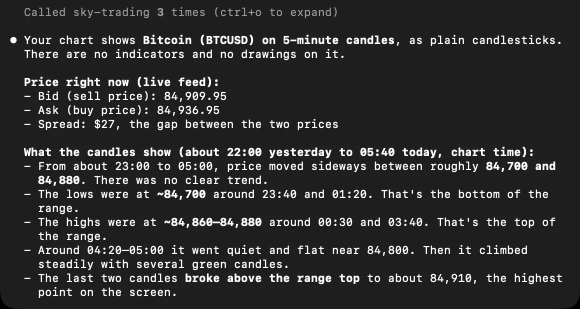 Claude Code in a terminal answering a question about the Sky Trade chart with the sky-trading tools