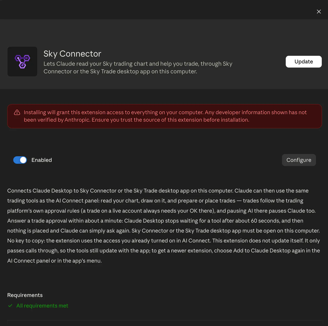 Claude Desktop’s own screen for the Sky Connector extension, with its notice about extensions, and Update because the extension is already installed