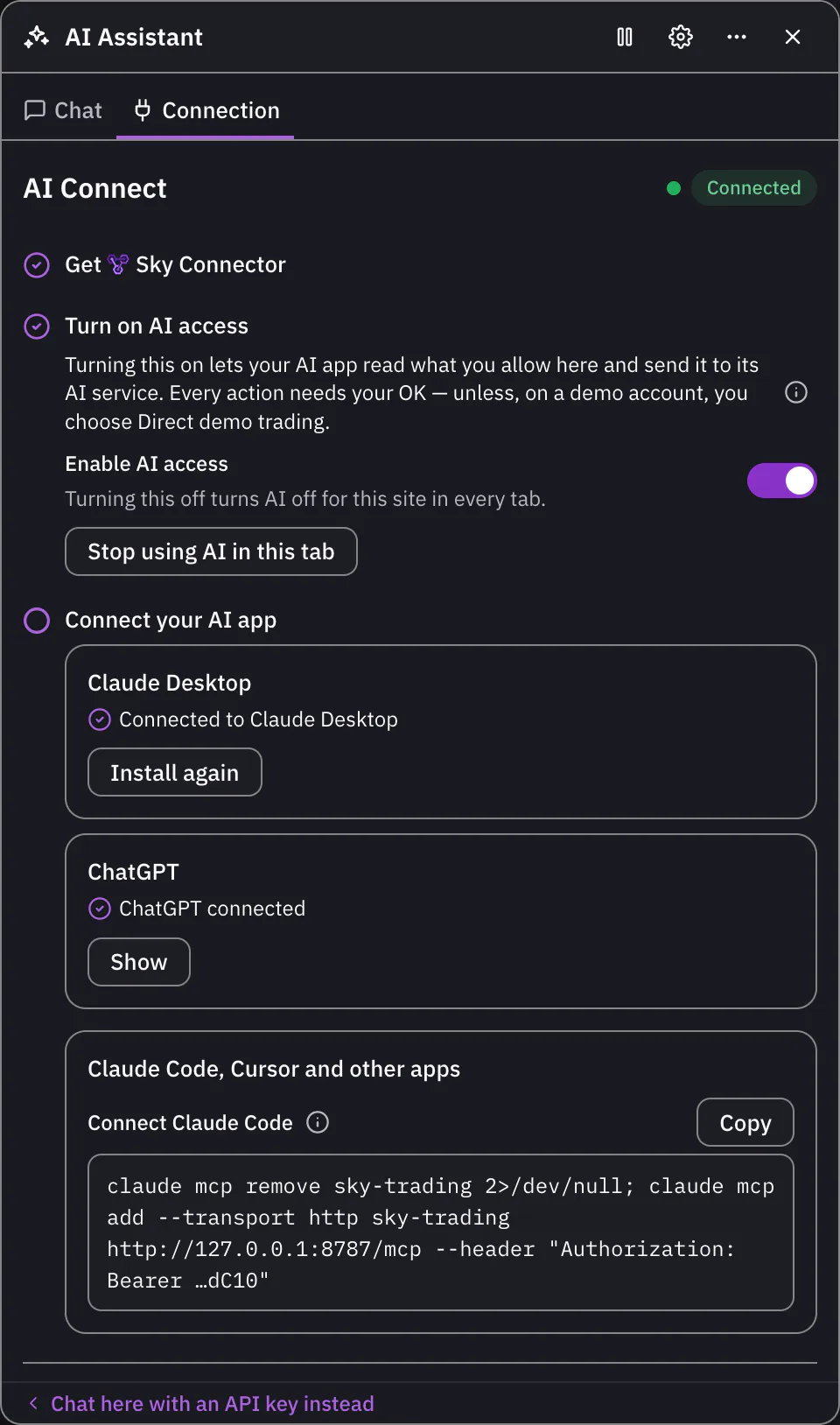 The Connection tab showing Connected, with Connect your AI app listing Claude Desktop, the ChatGPT card and the Connect Claude Code line