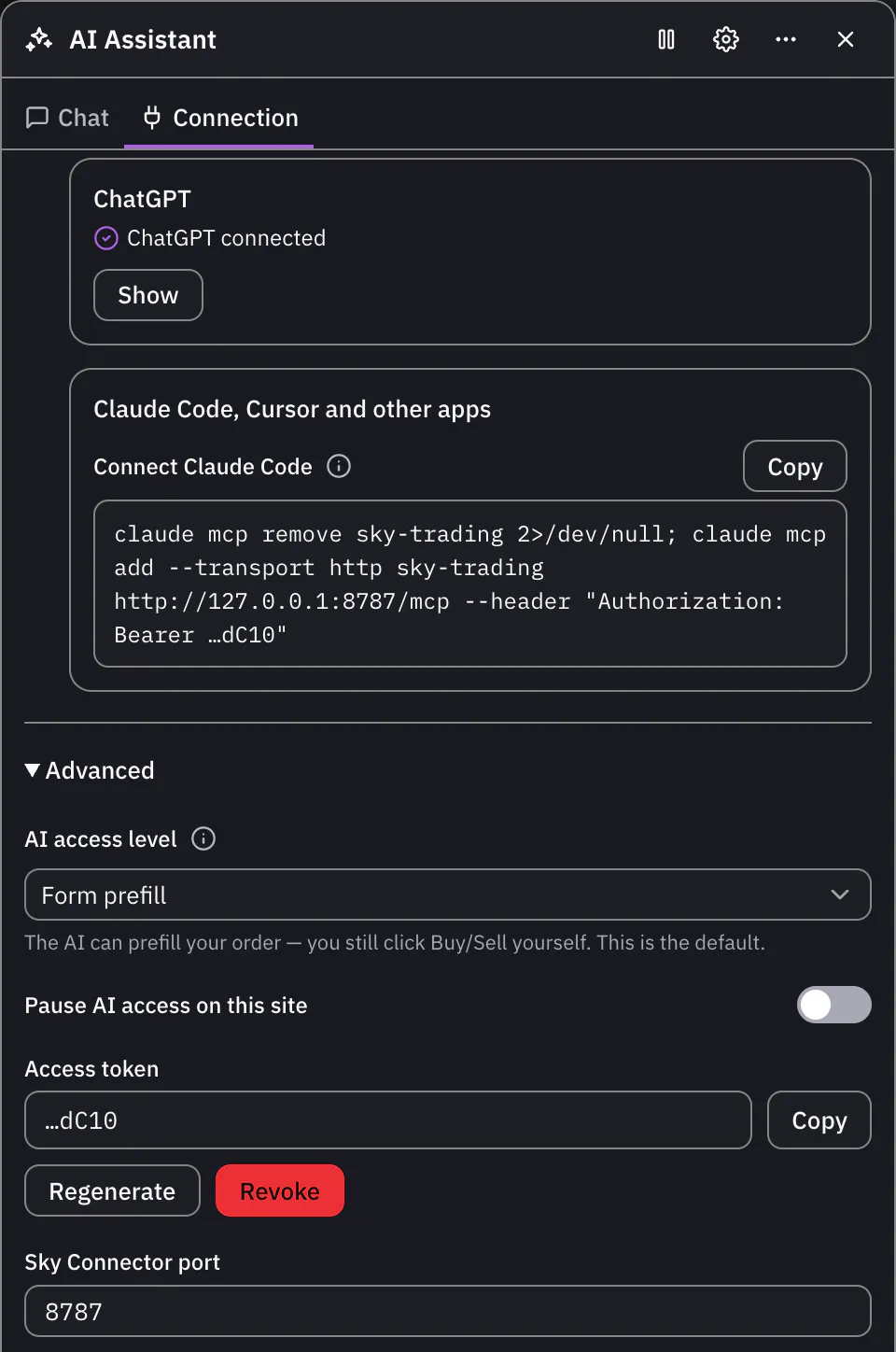 The Connection tab with Advanced open: the Sky Connector port and the access token with its Copy button