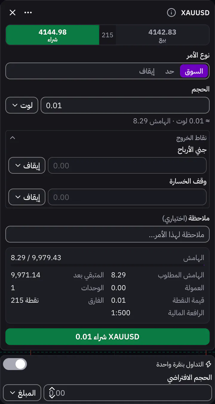 تذكرة الأمر على شراء بسعر السوق مع خيارات الحجم