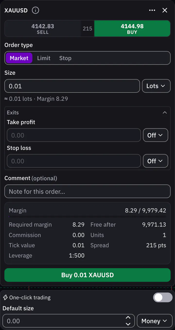 The order ticket on a market buy, with the size choices