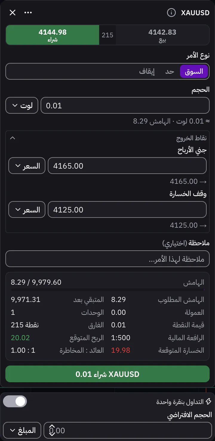 تذكرة الأمر مع جني الأرباح ووقف الخسارة وملخص الصفقة