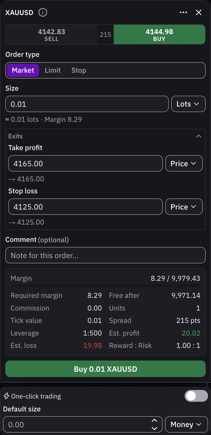 The order ticket with a take-profit, a stop-loss and the trade summary