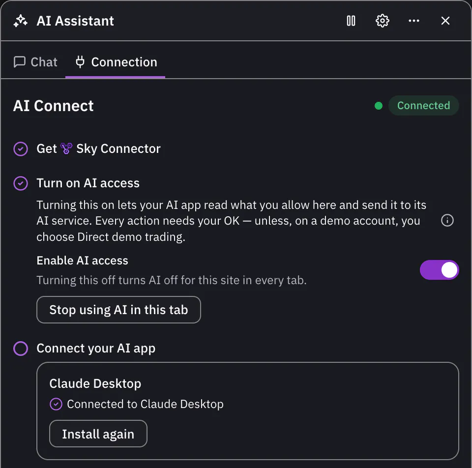 The web app's AI Assistant on Use your own AI app, with the Enable AI access switch