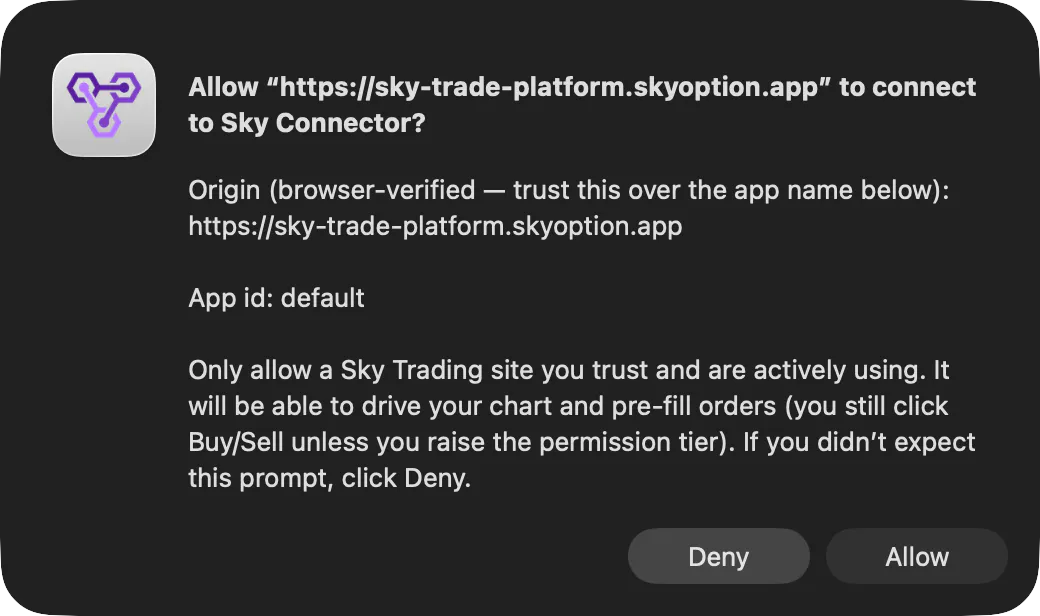 Sky Connector asking: Allow the Sky Trade web app’s address to connect to Sky Connector? With the browser-verified origin, the app id and the Deny and Allow buttons