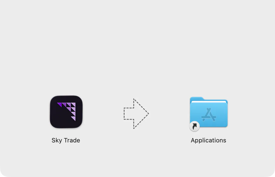 The Sky Trade Desktop installer on a Mac: drag the app into the Applications folder
