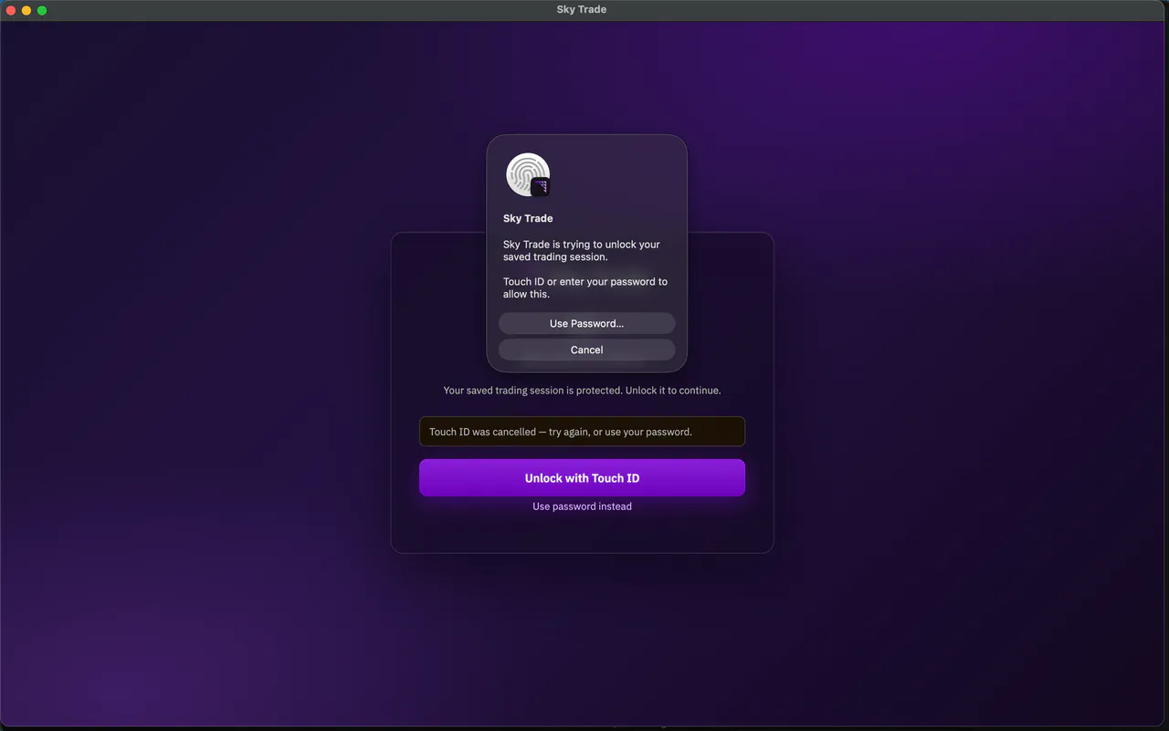 Sky Trade Desktop opening locked on a Mac: the macOS Touch ID prompt over the lock screen, with Unlock with Touch ID and Use password instead
