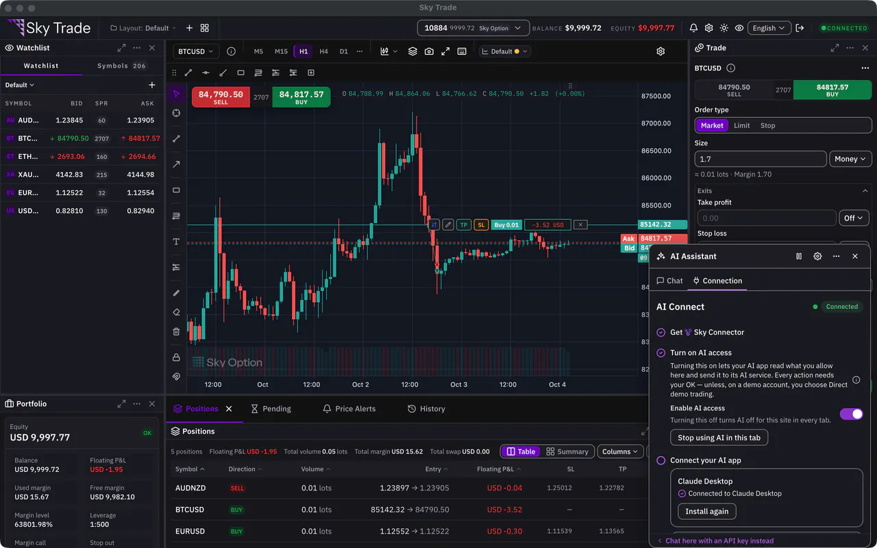 Sky Trade Desktop’s AI Assistant on the Connection tab: Connected, with Enable AI access turned on