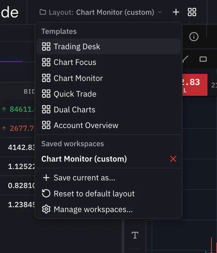 The Layout menu with the ready workspaces, a saved workspace and Save current as