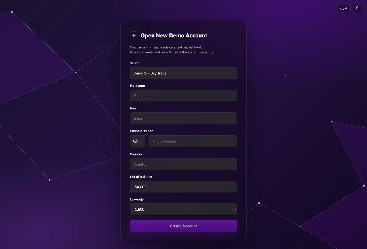 The form for opening a Sky Trade demo account
