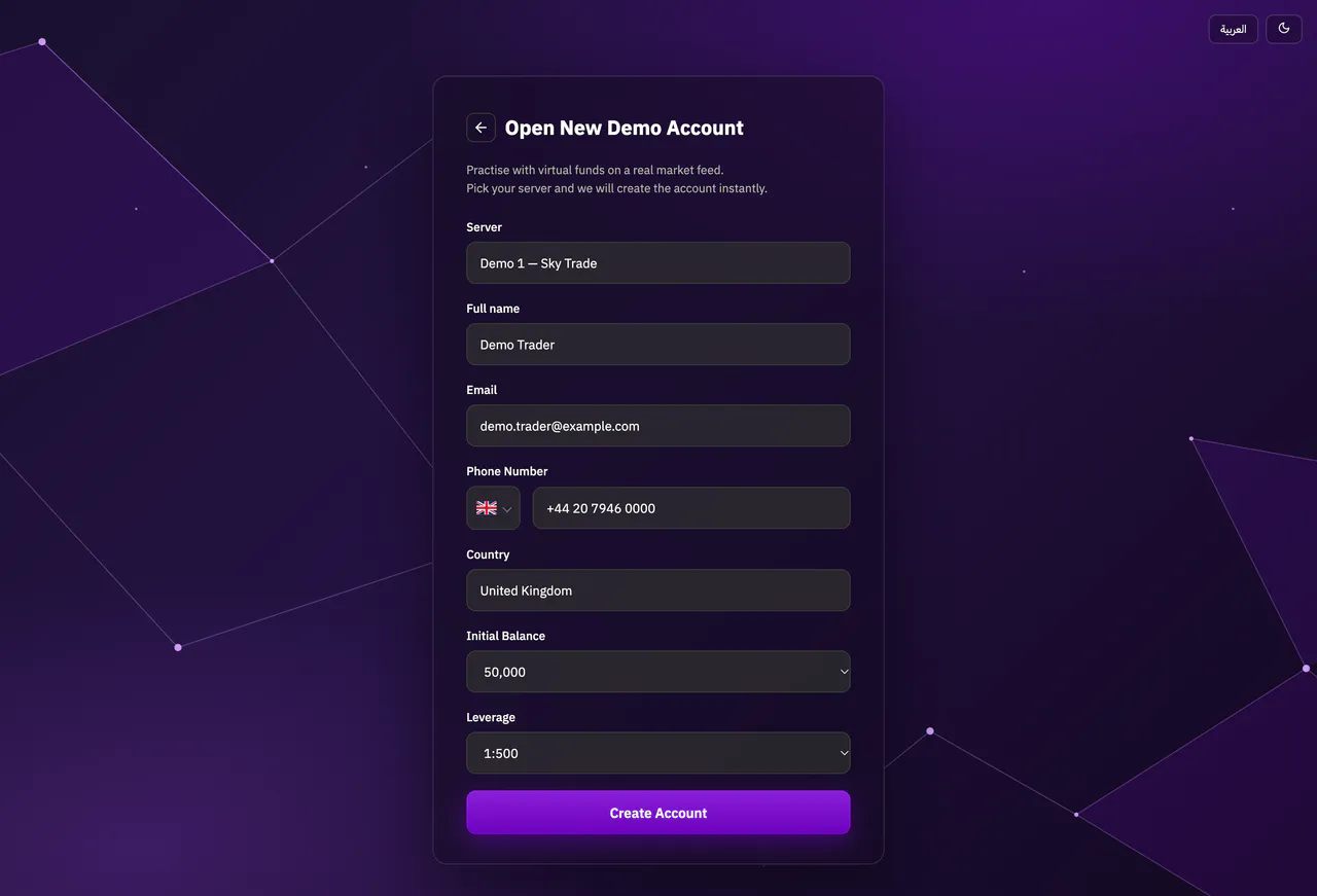The demo account form filled in and ready to create the account