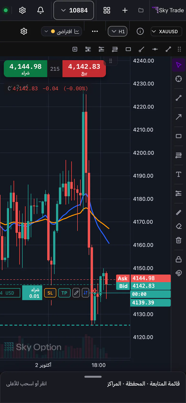 Sky Trade على الهاتف: الرسم البياني مع اللوحة السفلية مفتوحة