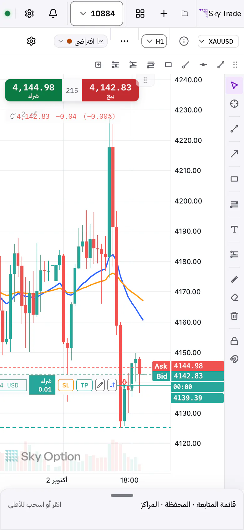 Sky Trade على الهاتف: الرسم البياني مع اللوحة السفلية مفتوحة