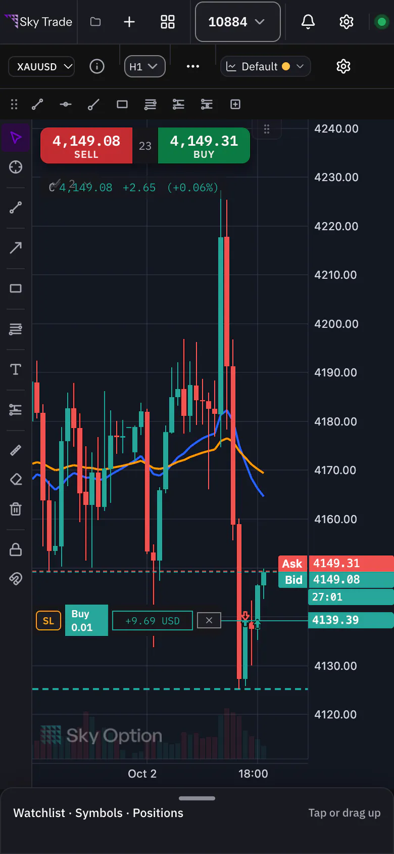 Sky Trade on a phone: the chart with the bottom sheet open
