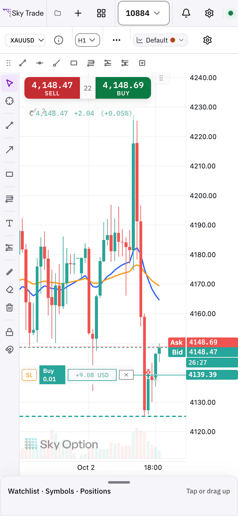 Sky Trade on a phone: the chart with the bottom sheet open
