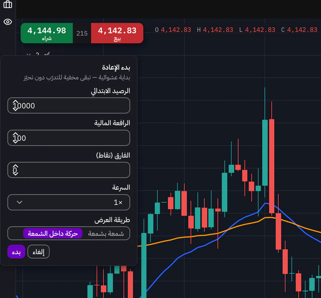 إعدادات مختبر التداول قبل بدء إعادة العرض