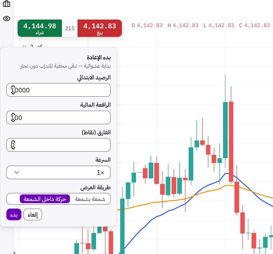 إعدادات مختبر التداول قبل بدء إعادة العرض