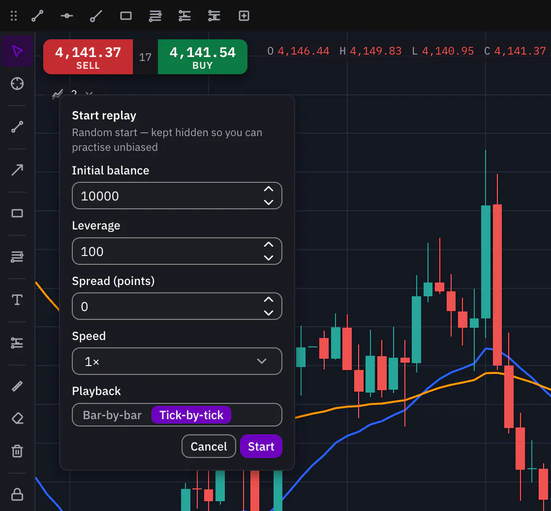 The Trading Lab settings before a replay starts